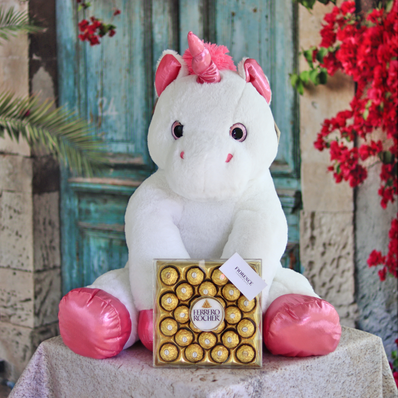 Unicornio rosa, chocolates, peluche, envío en México. cumpleaños, regalos, fiorence, ferrero