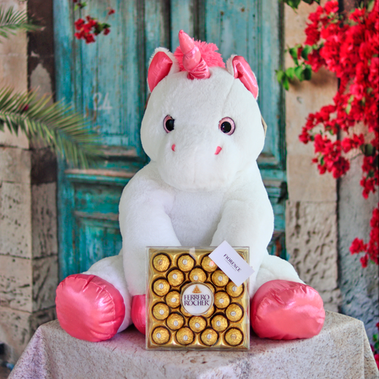 Unicornio rosa, chocolates, peluche, envío en México. cumpleaños, regalos, fiorence, ferrero