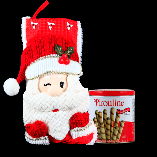 Cheerful Decorative Christmas Stocking with Handsome Santa Claus and Cream-Filled Cookies