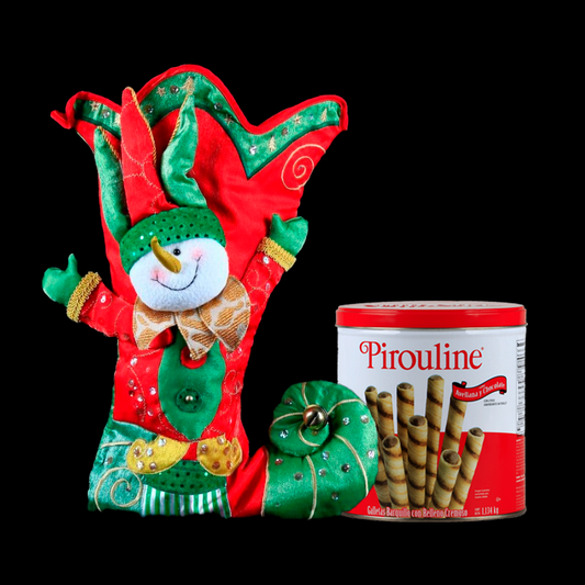 Colorful Christmas Stocking with a Cheerful Snowman Dressed as an Elf and Gourmet Cookies