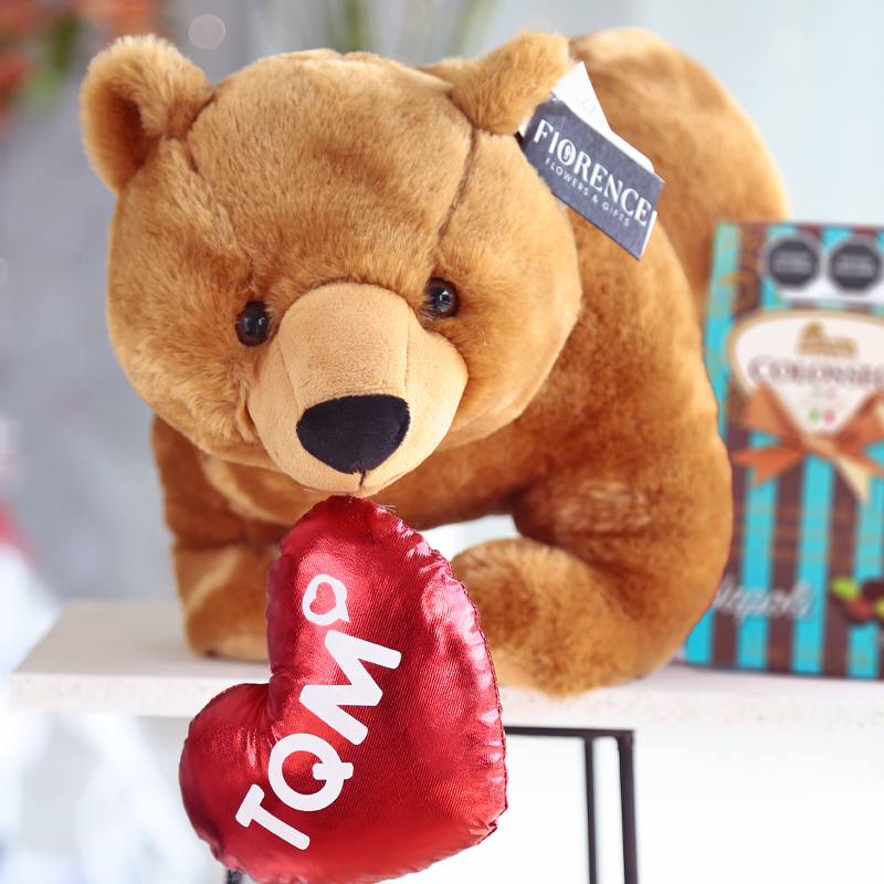 Teddy Bear with Chocolates and heart shaped cushion